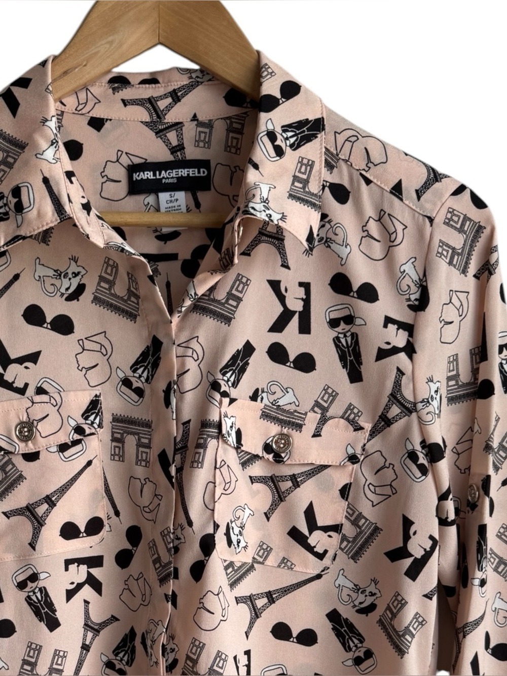 Karl Lagerfeld Paris All Over Print Button Down Shirt Ballet Pink Cat Blouse Sm